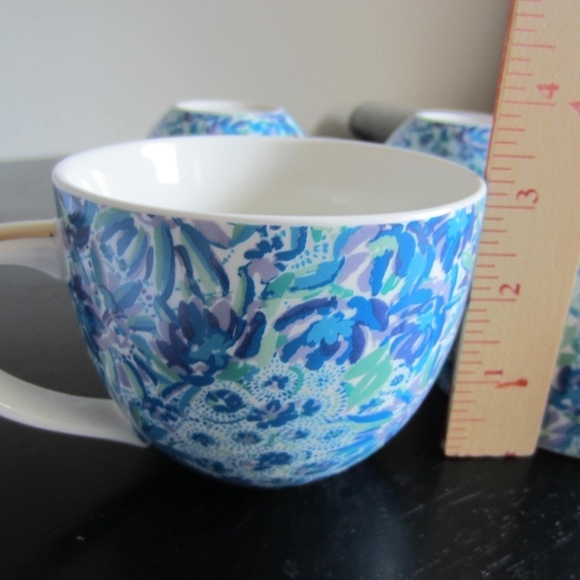 Lilly Pulitzer Tea Cups set of 4 Bule Floral Ceramic golden Handles Ssummer, - Picture 6 of 8